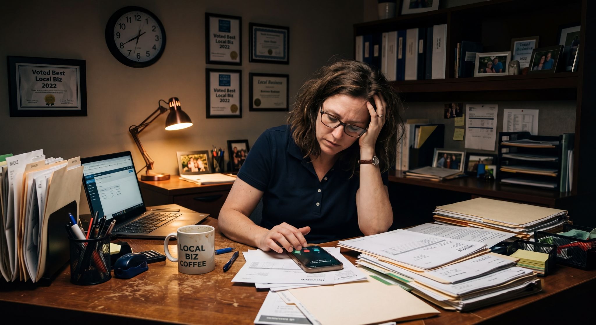 Small business owner receiving after-hours calls on cell phone late at night