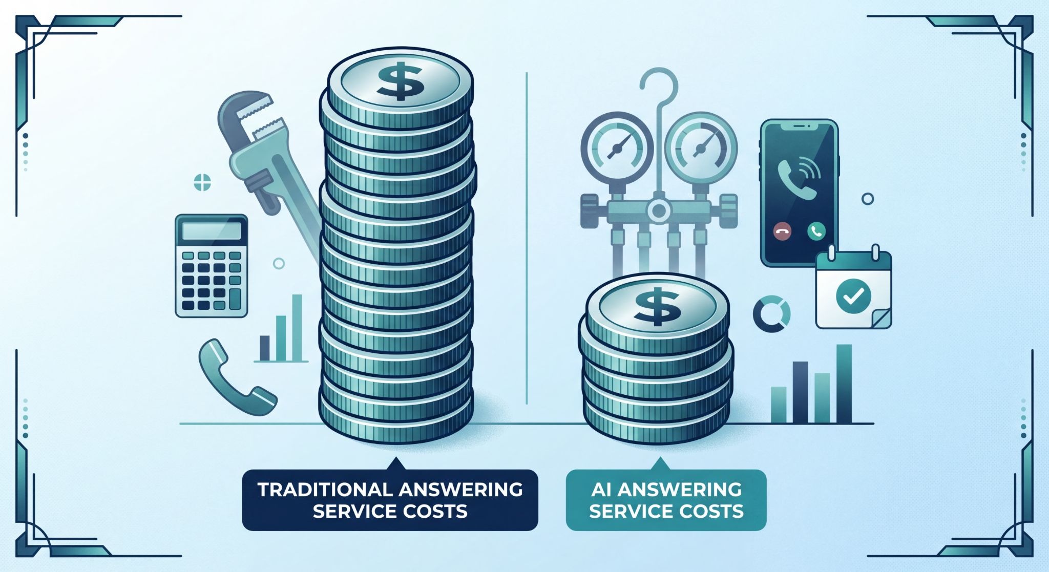 Cost comparison showing AI phone answering services at $99-199 monthly versus traditional answering services at $750-1500 for 500 calls per month