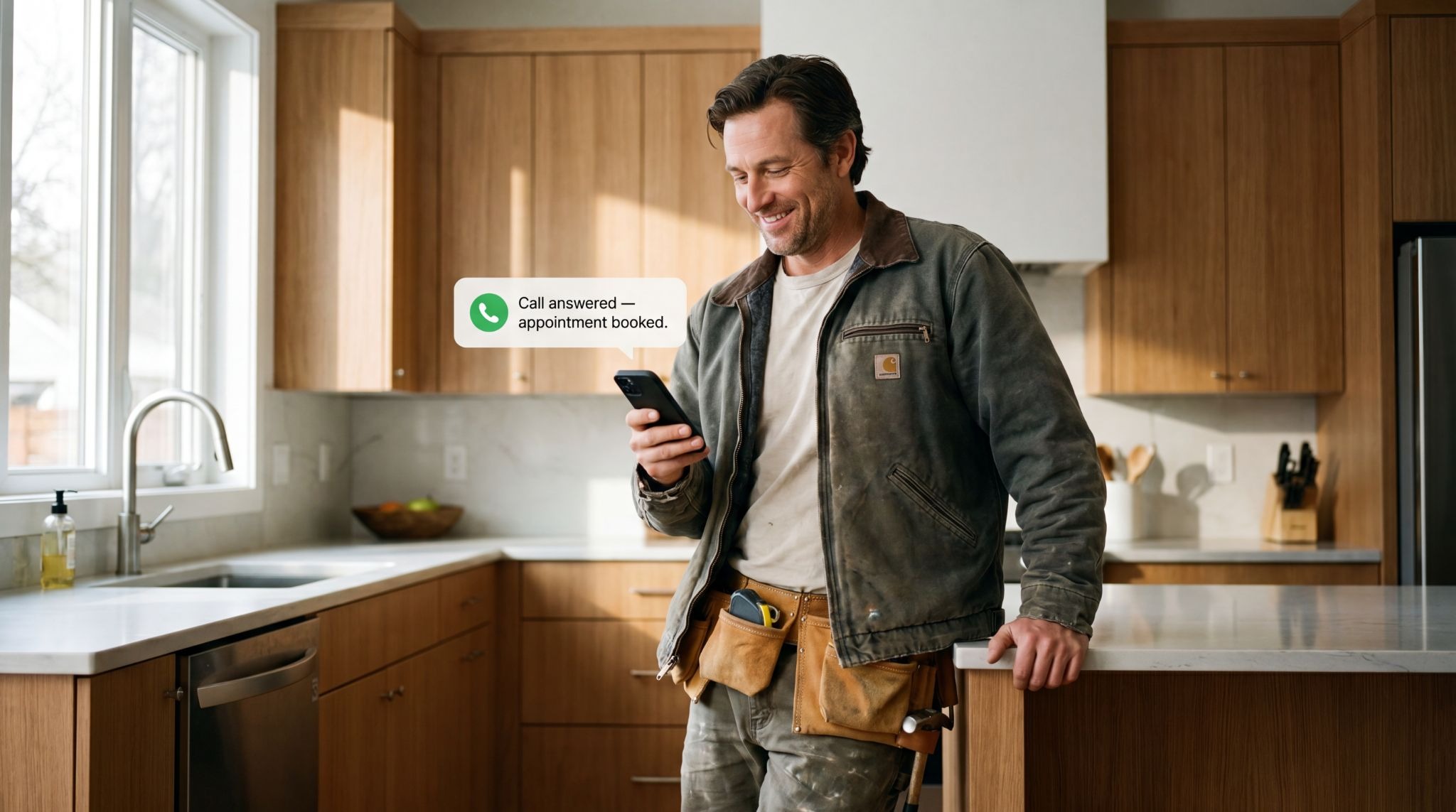 A plumber checks his phone to see an AI answering service notification showing a call was answered and an appointment was booked while he was on the job.