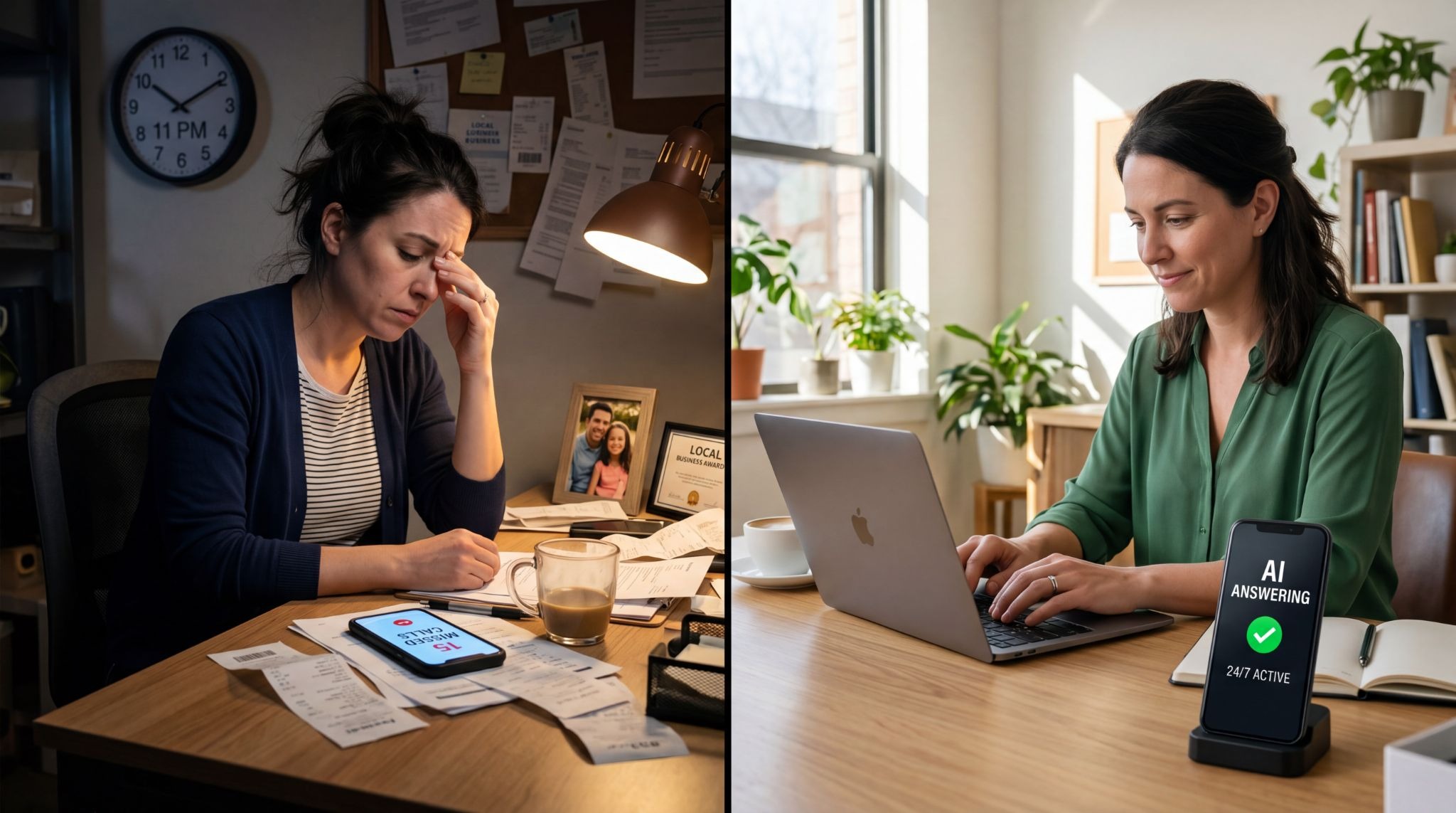 Small business owner overwhelmed by missed calls versus relaxed with AI receptionist handling calls automatically