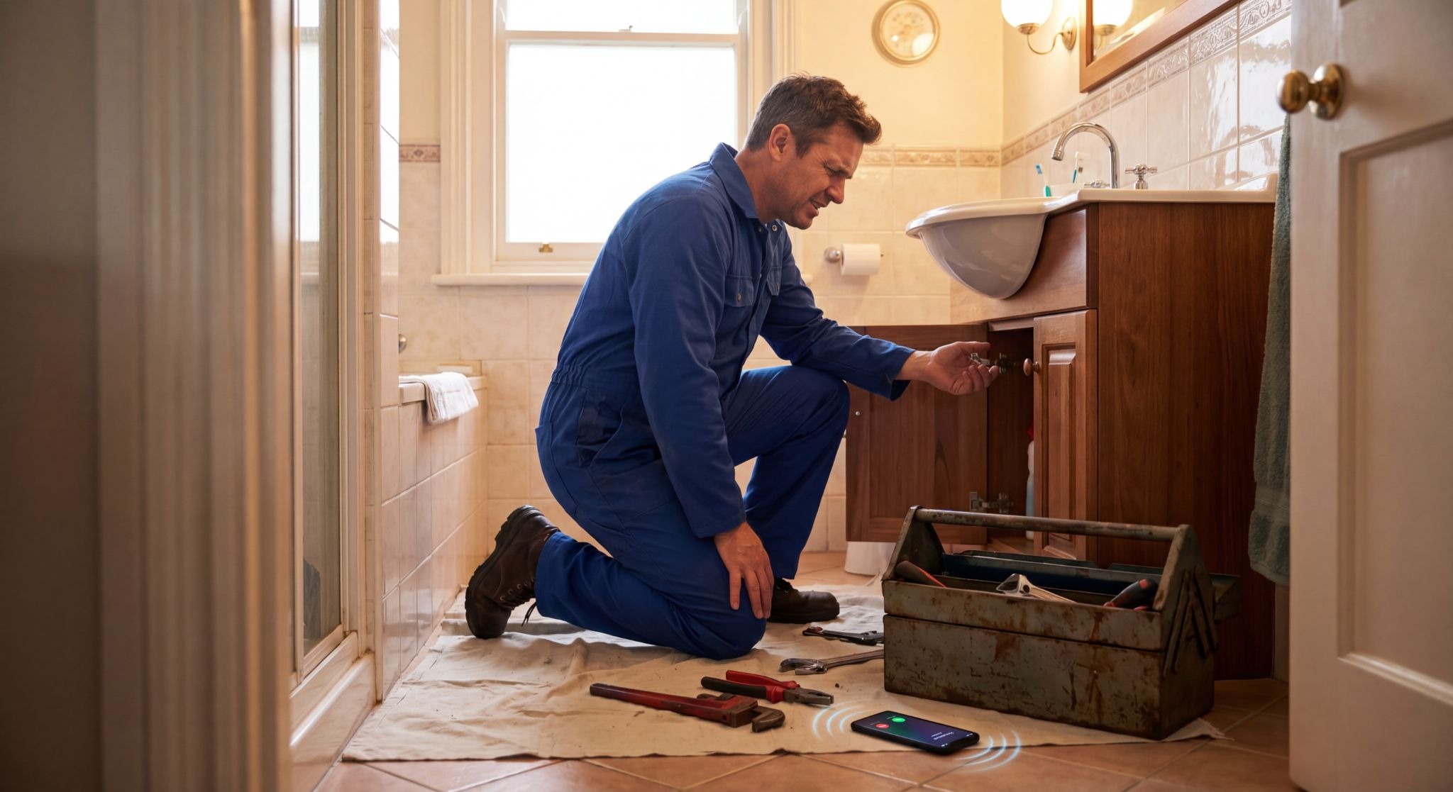 Plumber working under sink missing important customer call on ringing smartphone