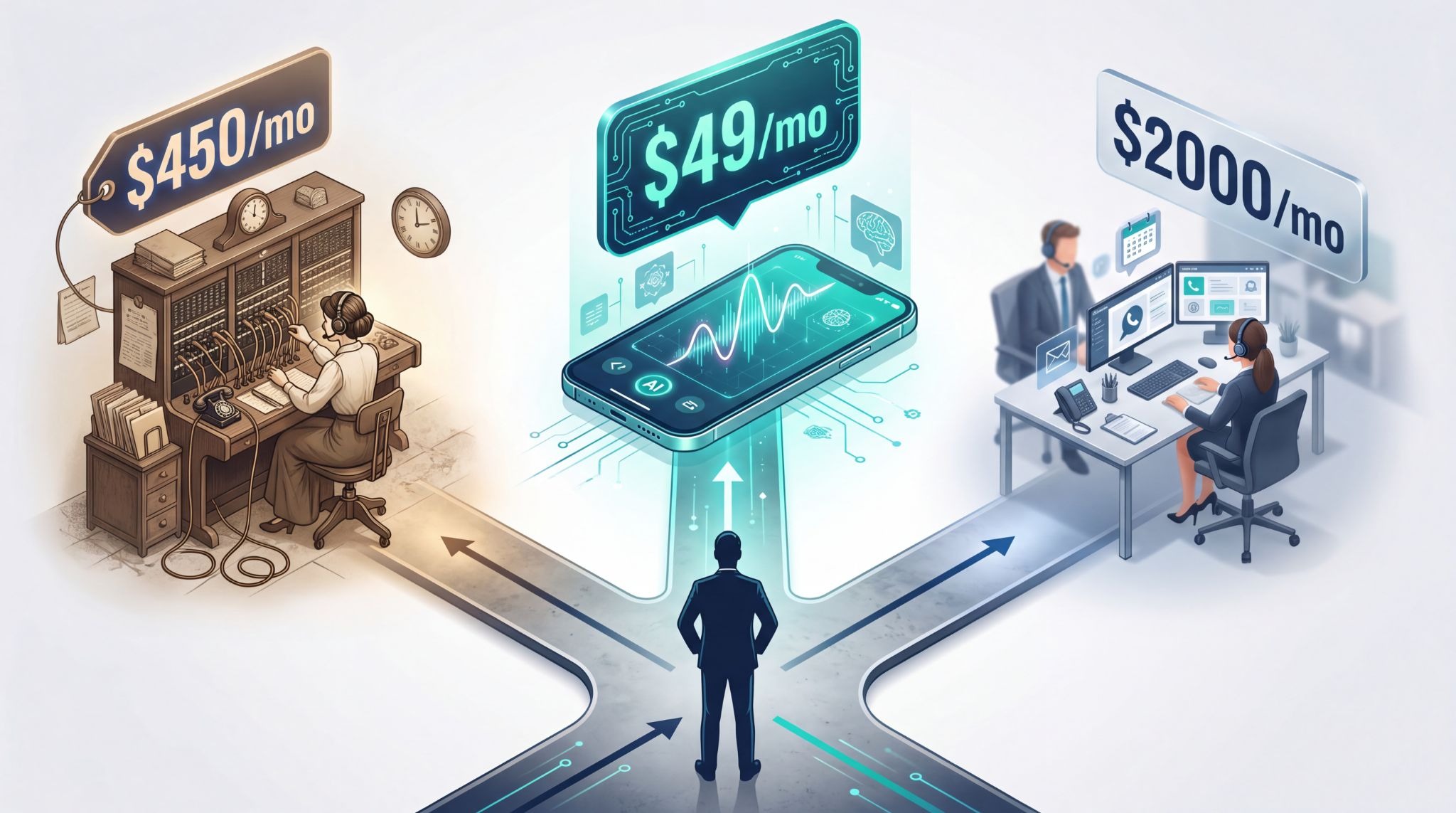 Comparison of AI answering service versus traditional answering service and virtual receptionist showing cost differences: AI at $49/month, traditional at $450/month, virtual receptionist at $2000/month