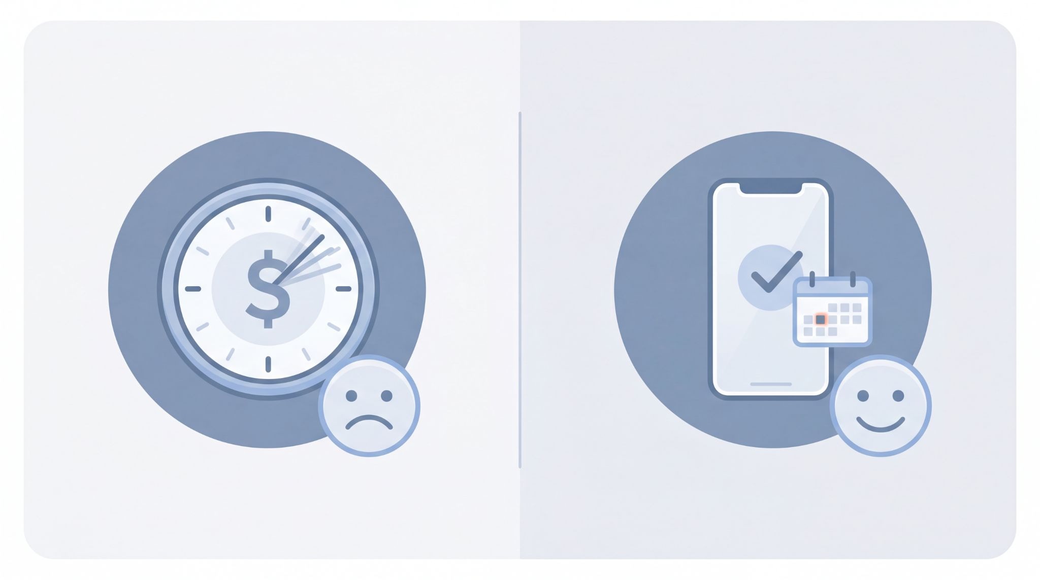 Illustration comparing traditional per-minute answering service billing on the left versus flat-rate AI answering service pricing on the right, showing the cost difference for small businesses.