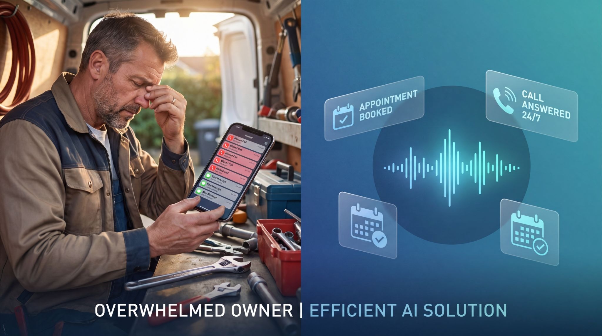 Small business owners using AI phone answering service to handle customer calls automatically while working, showing missed call prevention and 24/7 availability