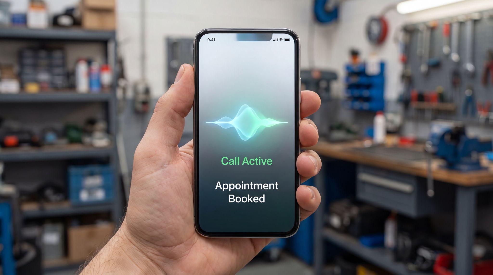 A smartphone showing Voicei.ai's AI receptionist interface with a live call active and an appointment booking confirmation on screen.